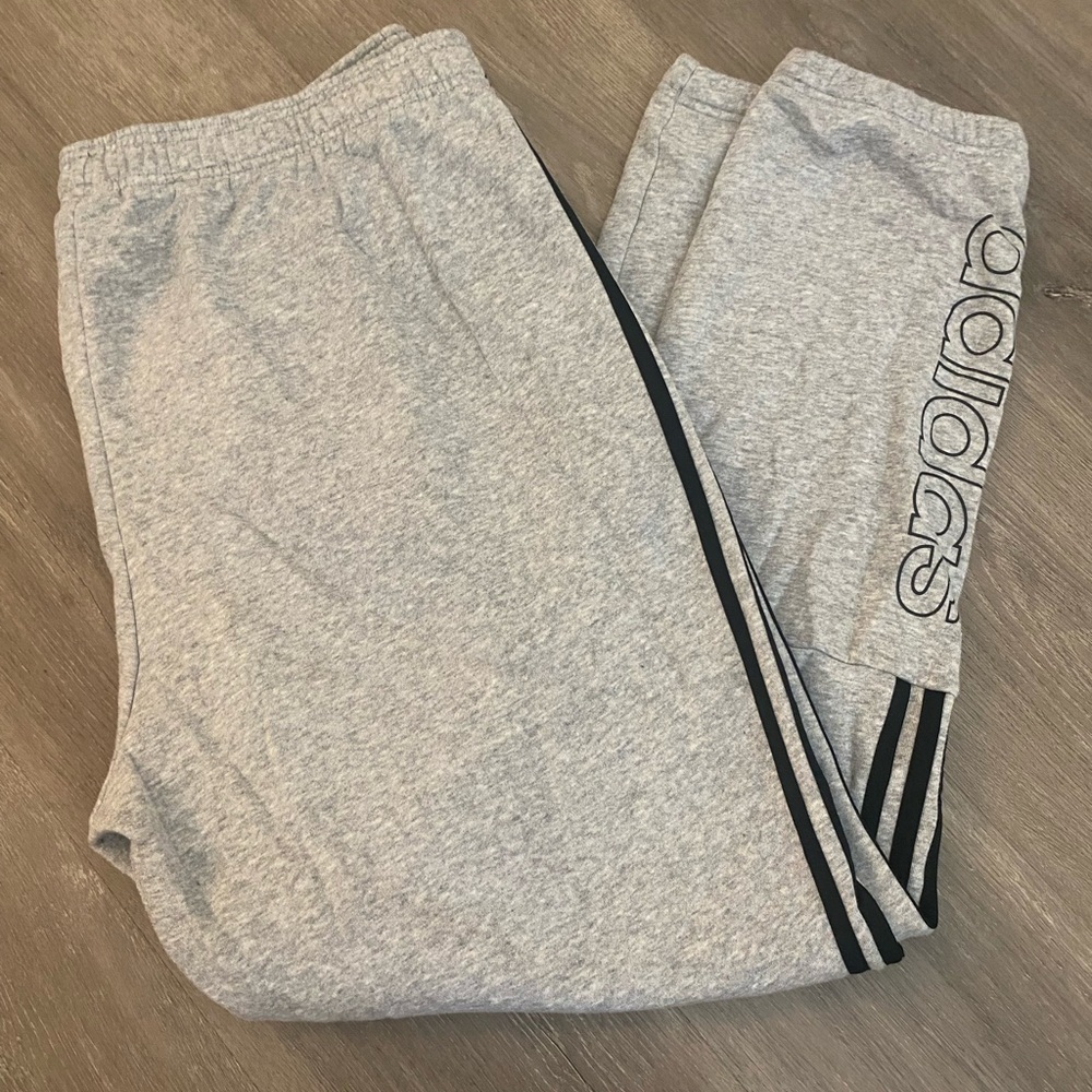 Adidas Gray and Black Sweatpants with Iconic Stripes
